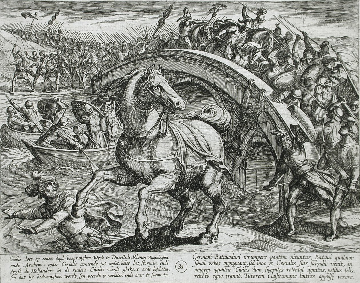 Civilis contraint de descendre de cheval et de traverser le fleuve à la nage - Antonio Tempesta