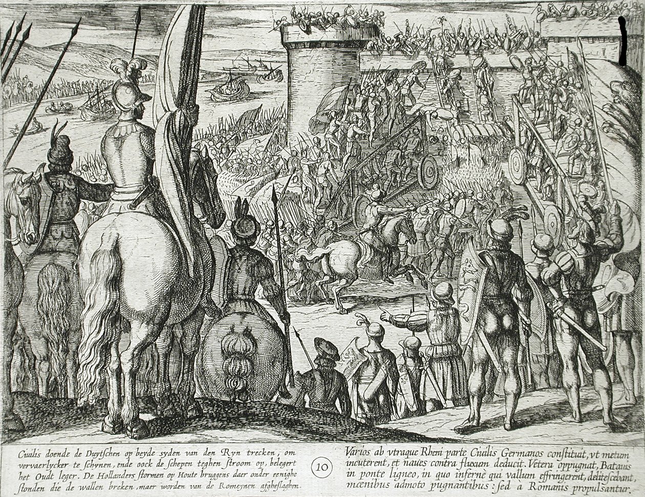 Civilis utilisant des ponts mobiles en bois pour attaquer une forteresse - Antonio Tempesta
