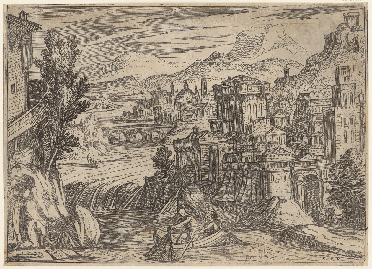Paysage fluvial avec une ville à droite et un bateau de pêche au premier plan - Antonio Tempesta