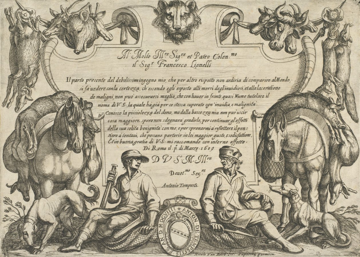 Frontispice avec chasseurs, chiens et chevaux, de 