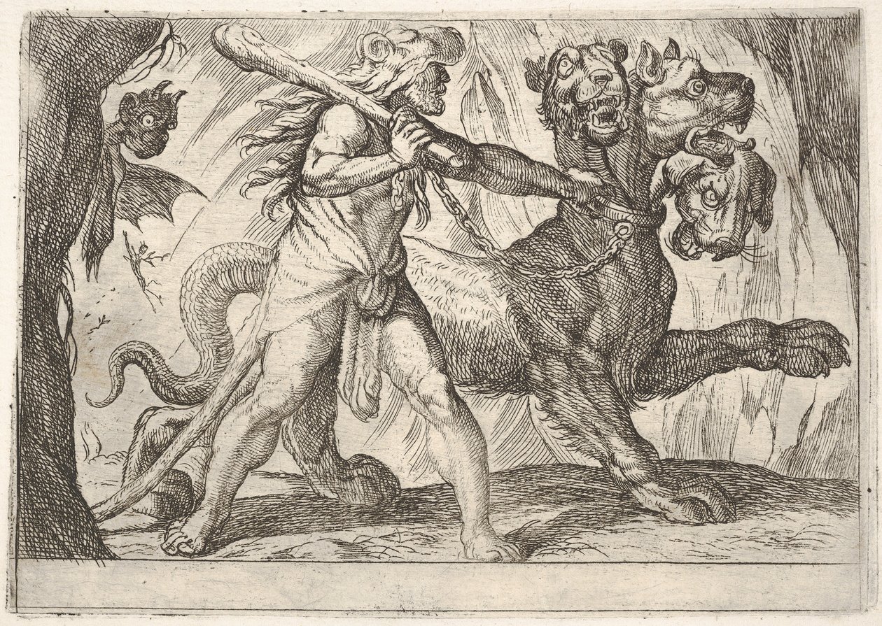 Hercule et Cerbère : Hercule saisit le collier de Cerbère, deux démons apparaissent à gauche..., 1608 - Antonio Tempesta