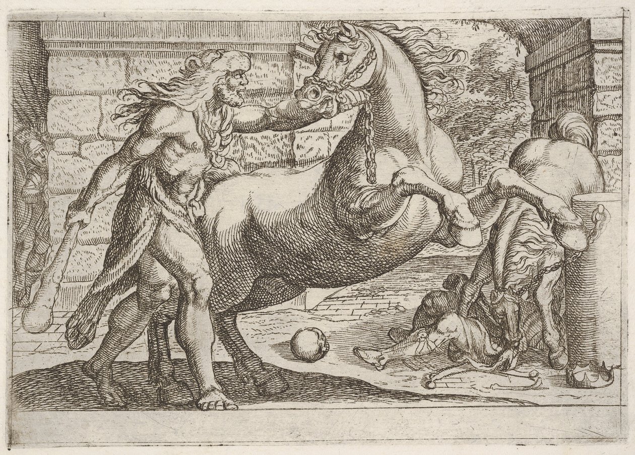 Hercule et les juments de Diomède : Hercule saisit la bride d