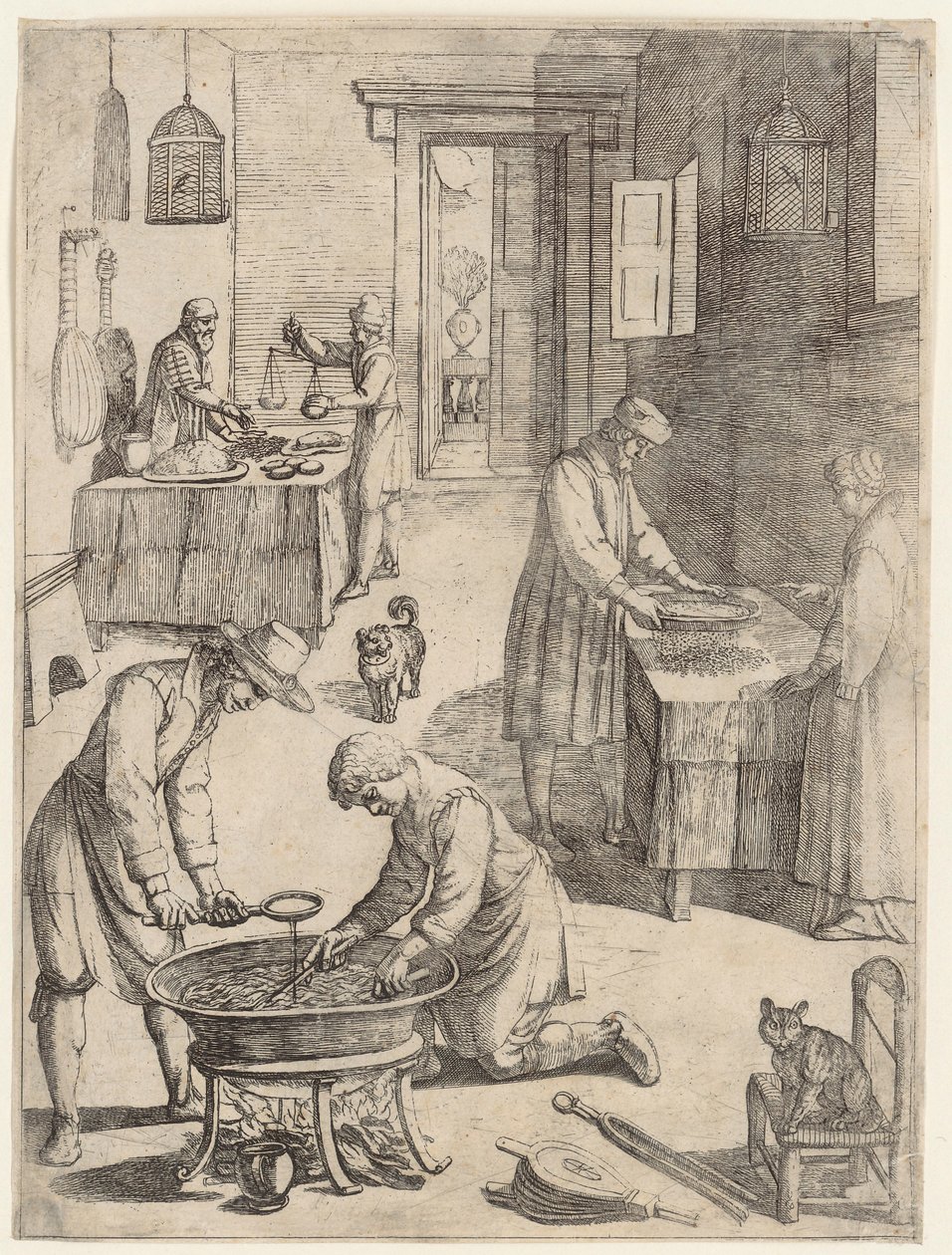 Des hommes et des femmes qui pèsent, tamisent et préparent du bouillon - Antonio Tempesta