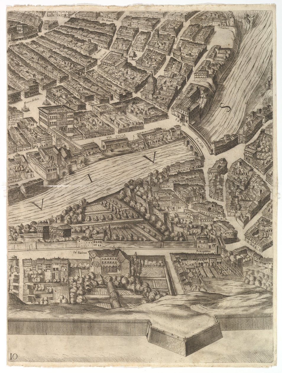 Plan de la ville de Rome. Partie 10 avec le Tibre et la Villa Farnesina, 1645 - Antonio Tempesta