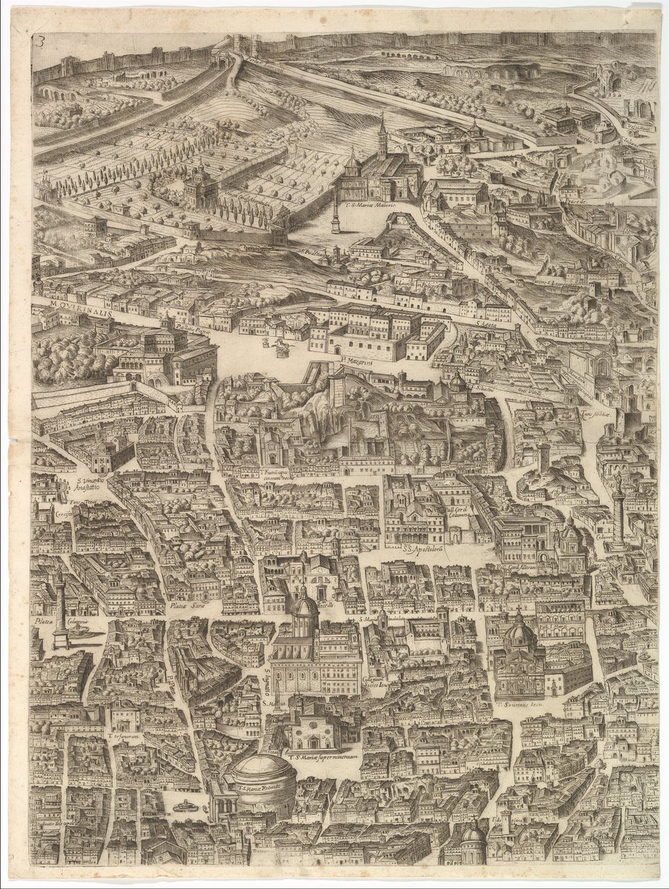 Plan de la ville de Rome. Partie 3 avec la Santa Maria Maggiore, le Panthéon et Trajan - Antonio Tempesta