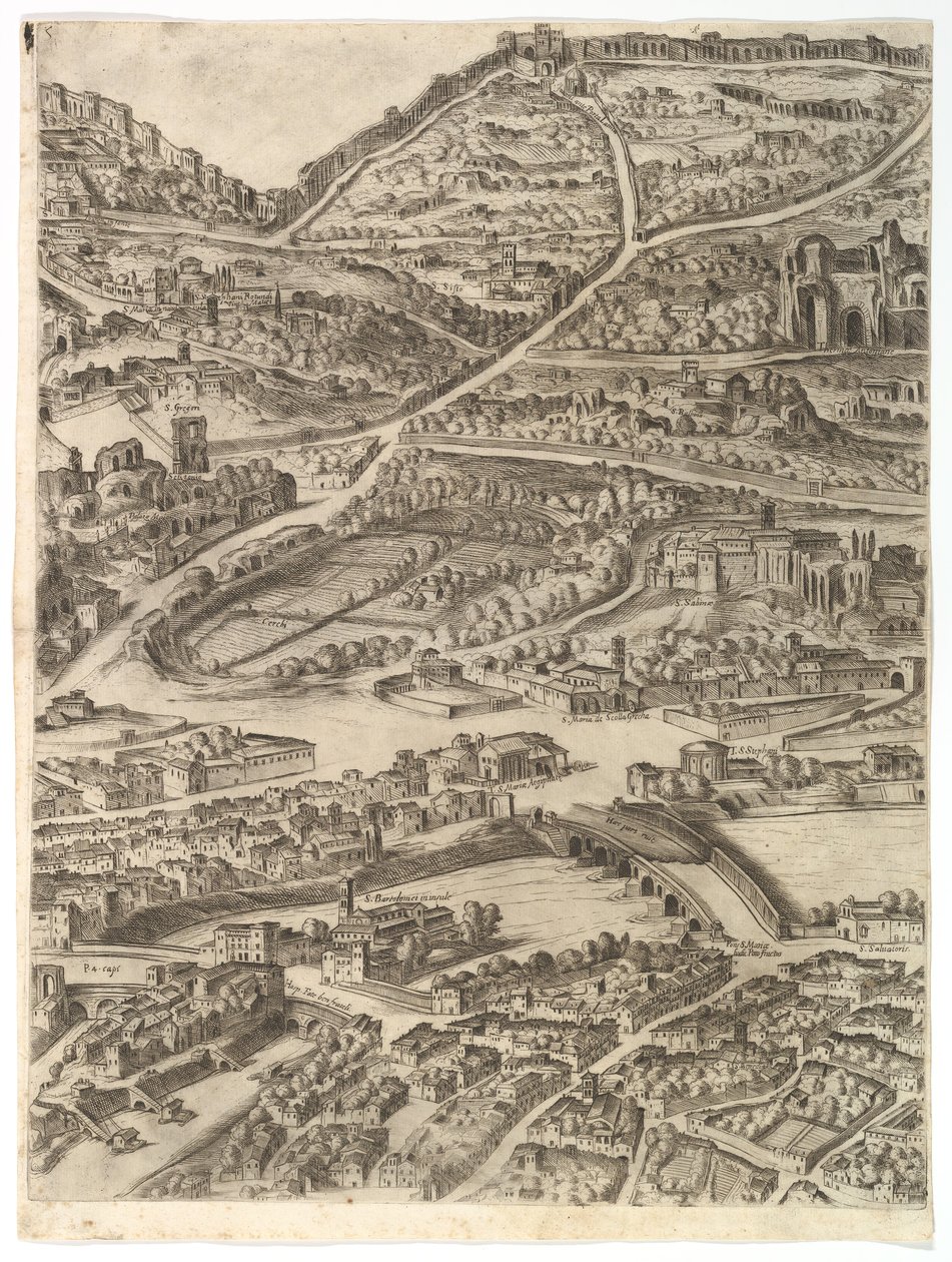 Plan de la ville de Rome. Partie 5 avec les Thermes de Caracalla, la Santa Sabina et une partie de..., 1645 - Antonio Tempesta