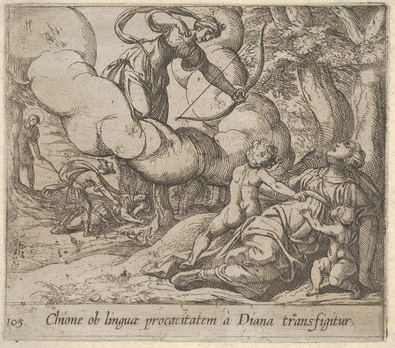 Planche 105 : Diane visant son arc vers Chione, accompagnée de deux enfants, dans un autre..., 1606 - Antonio Tempesta