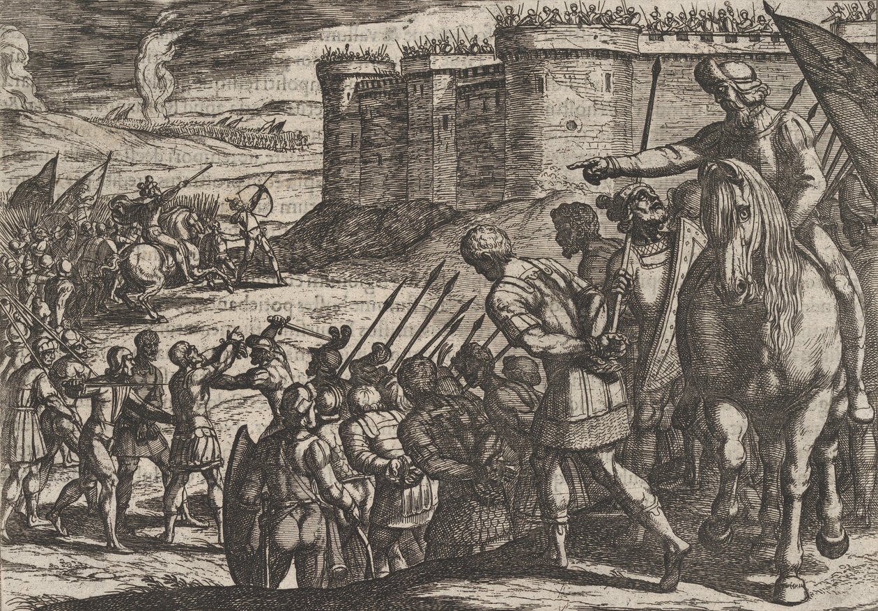 Planche 16: Captifs romains devant la vieille forteresse, de La Guerre des Romains contre les B..., 1611 - Antonio Tempesta