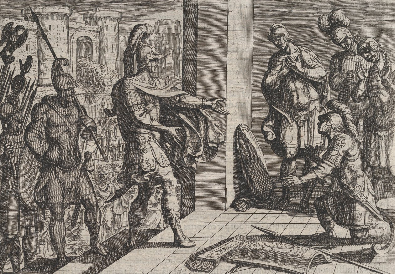Planche 26 : Cerialis Pardonne et Soulage les Soldats Romains qui ont Aidé Civilis, de La Guerre..., 1611 - Antonio Tempesta