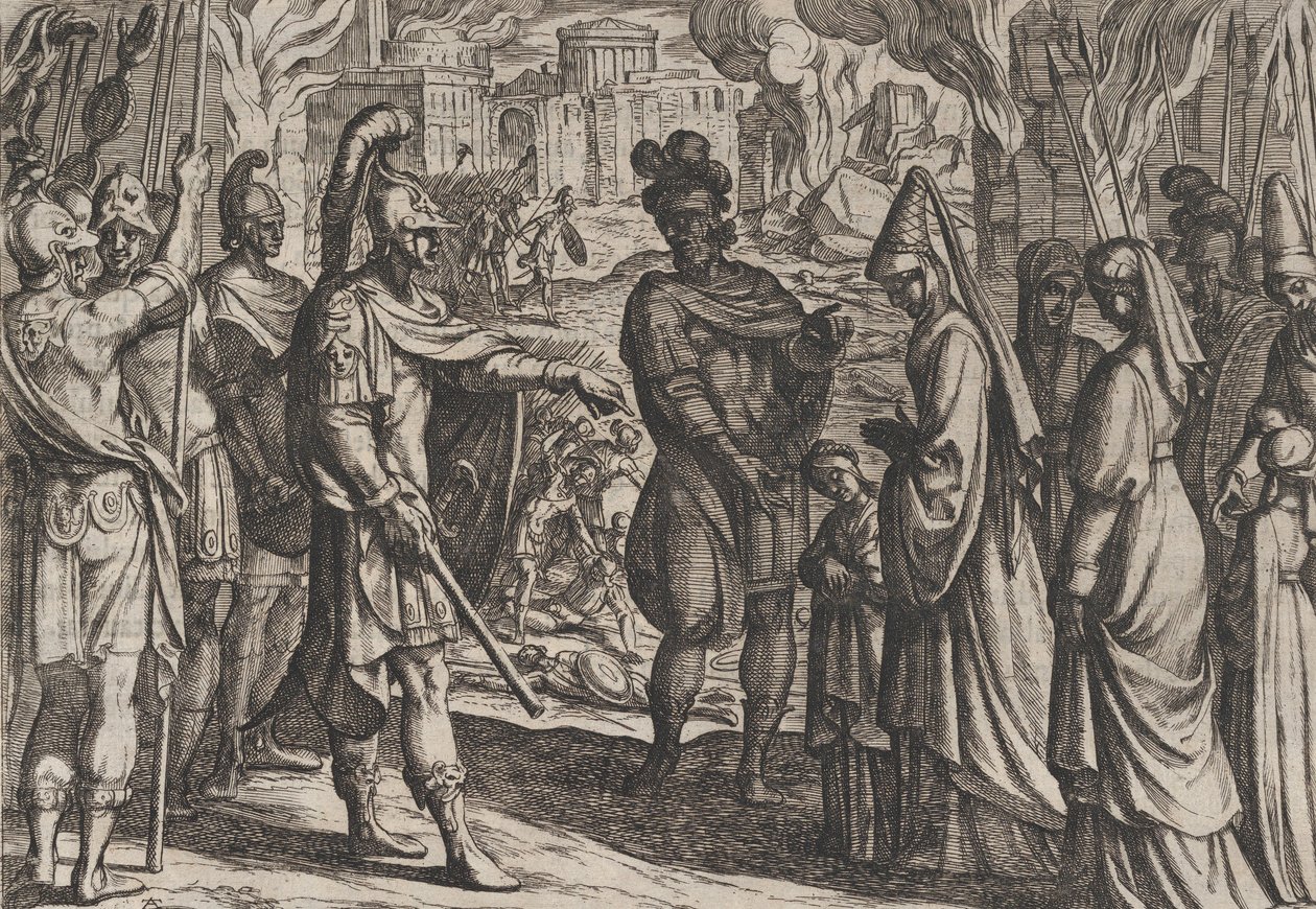Planche 28 : Les troupes de Cologne amènent la femme et la sœur de Civilis à Cerialis, de La Guerre des R..., 1611 - Antonio Tempesta