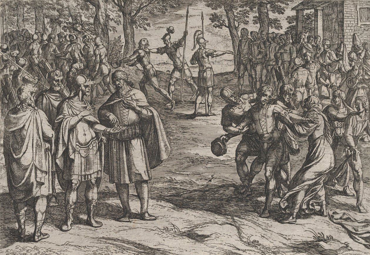 Planche 2 : Les Romains prenant des vieux Hollandais en otages et séduisant les jeunes, de La Guerre..., 1611 - Antonio Tempesta