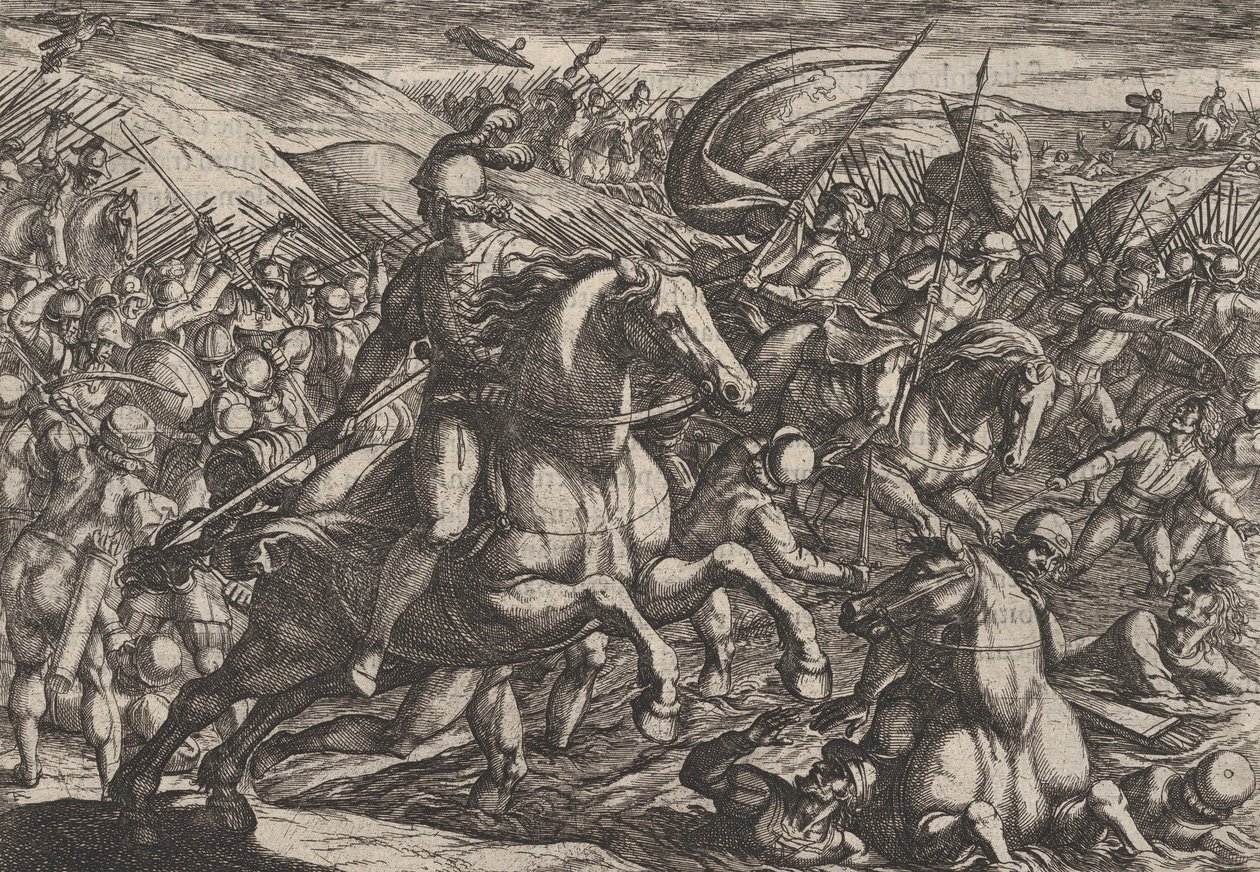 Planche 30 : Cerialis chassant les Hollandais dans le Rhin, de La Guerre des Romains contre les..., 1611 - Antonio Tempesta
