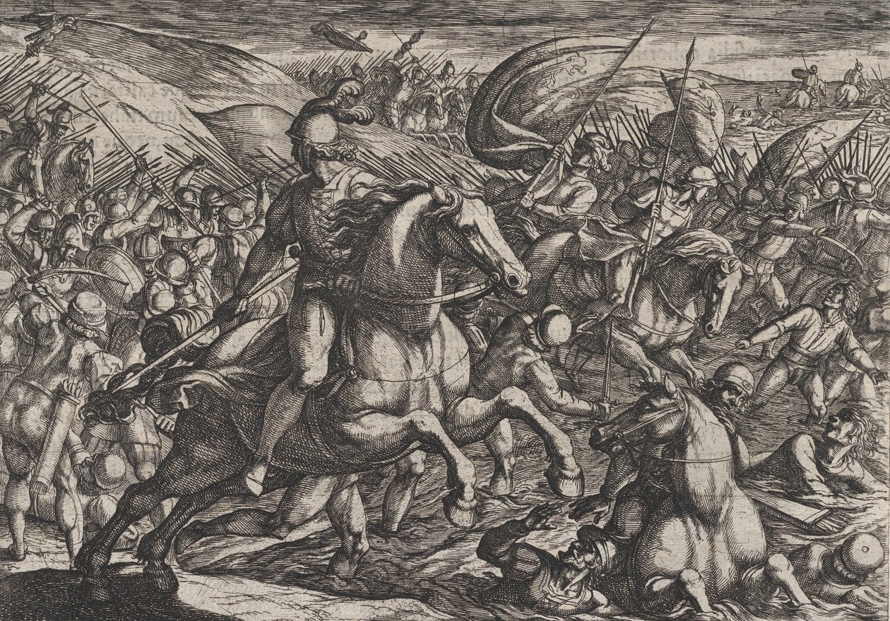 Planche 30 : Cerialis chassant les Hollandais dans le Rhin, de La Guerre des Romains contre..., 1611 - Antonio Tempesta
