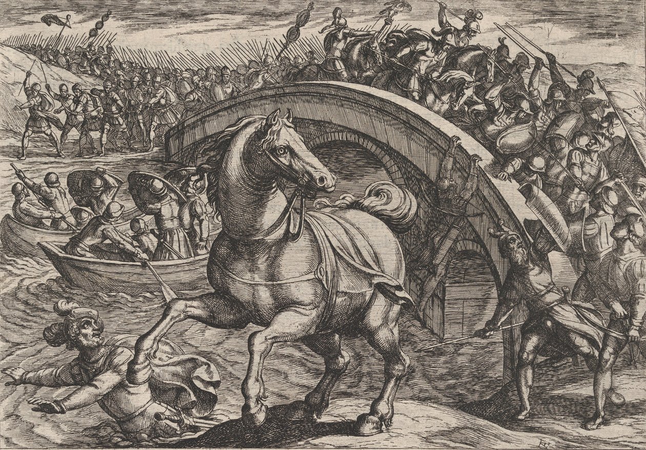 Planche 31 : Civilis forcé de descendre de cheval et de traverser la rivière à la nage, de La Guerre des Romains..., 1611 - Antonio Tempesta