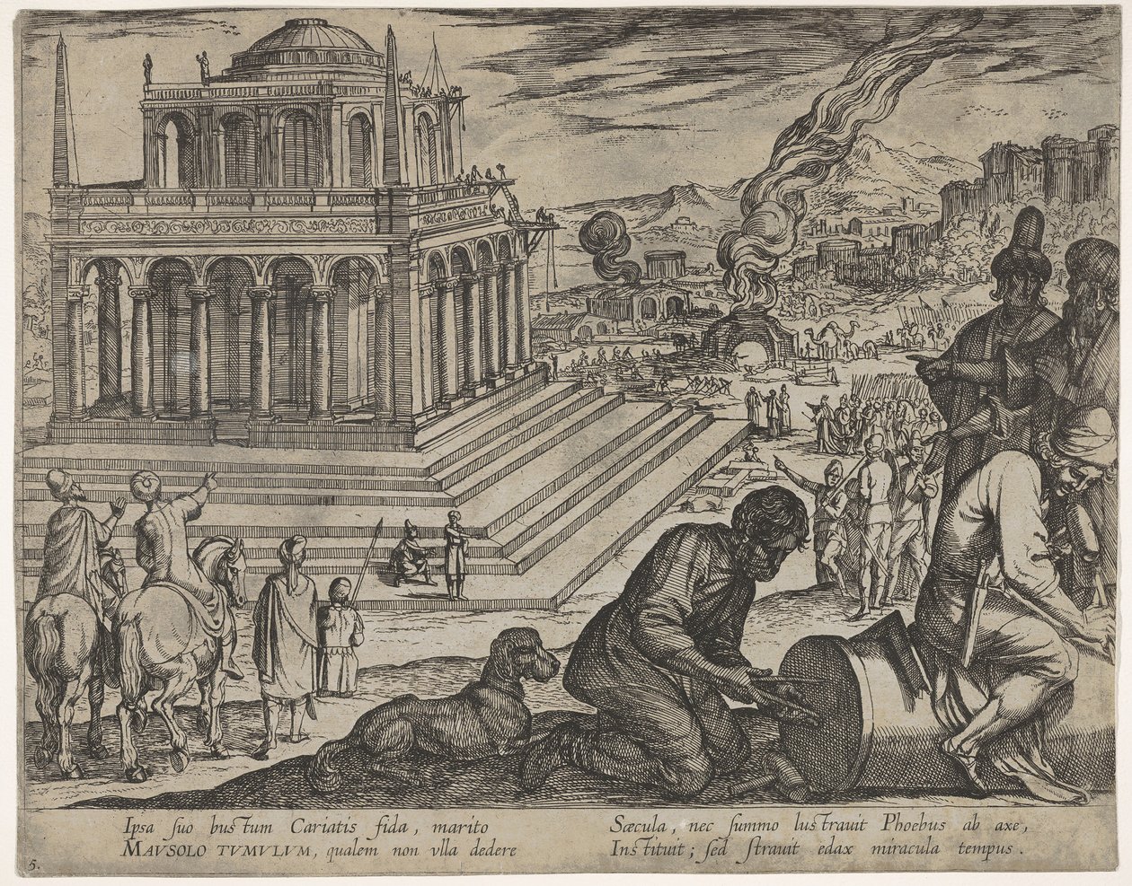 Planche 5 : Tombeau de Mausole, tailleurs de pierre fabriquant une colonne à droite, de Les Sept Merveilles - Antonio Tempesta