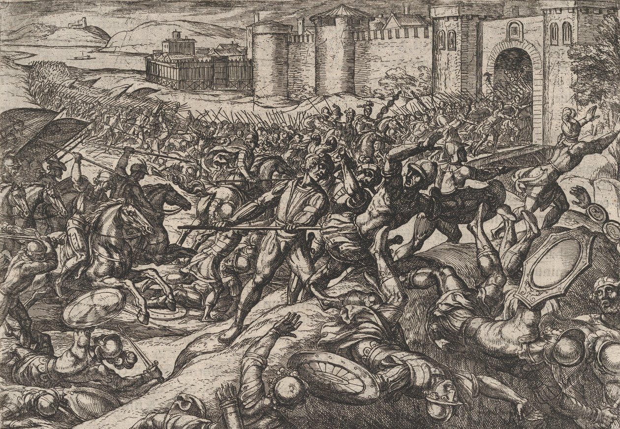 Planche 9 : Les Romains vaincus par les troupes néerlandaises à Bonna, de La Guerre des Romains contre... 1611 - Antonio Tempesta