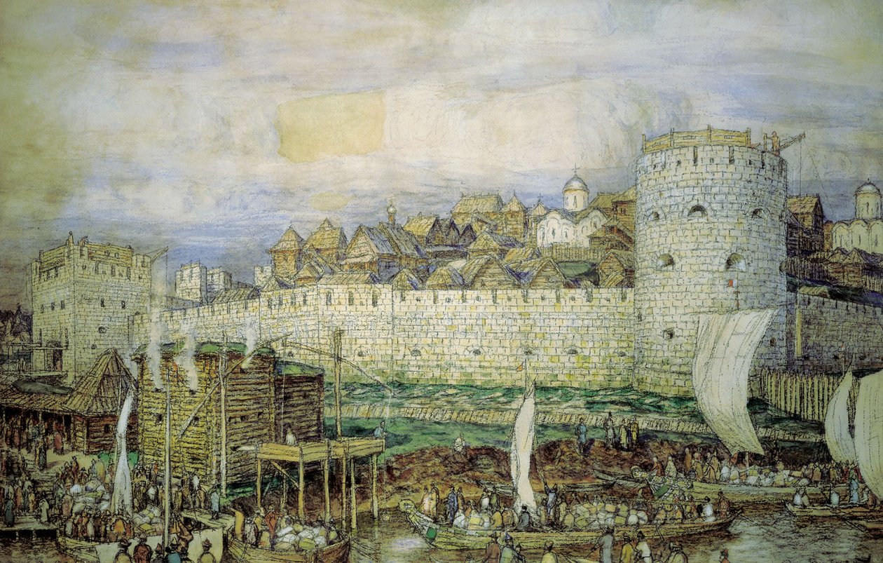 Vue probable du Kremlin en pierre blanche de Dmitry Donskoy. Fin du XIVe siècle - Apollinari Mikhailovich Vasnetsov