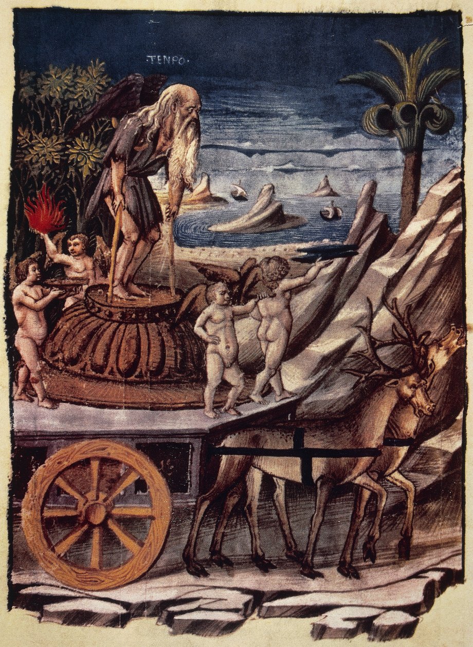 Le triomphe du Temps, le char du Temps tiré par des cerfs, miniature d