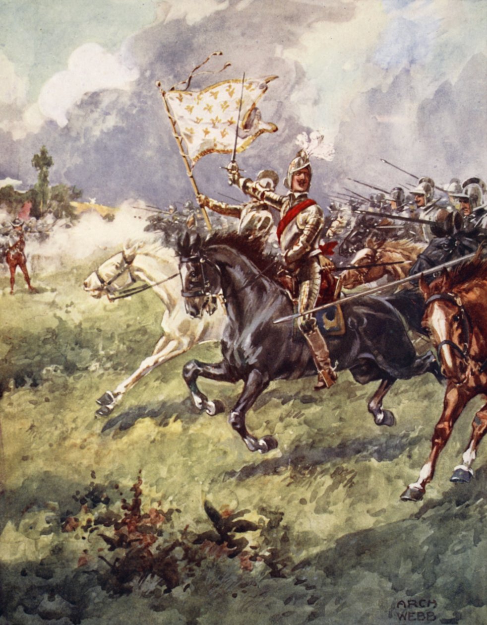 Mille chevaliers pressent derrière la crête blanche comme neige, de Ballads of Famous Fights, Première Édition, 1920 - Archibald Webb