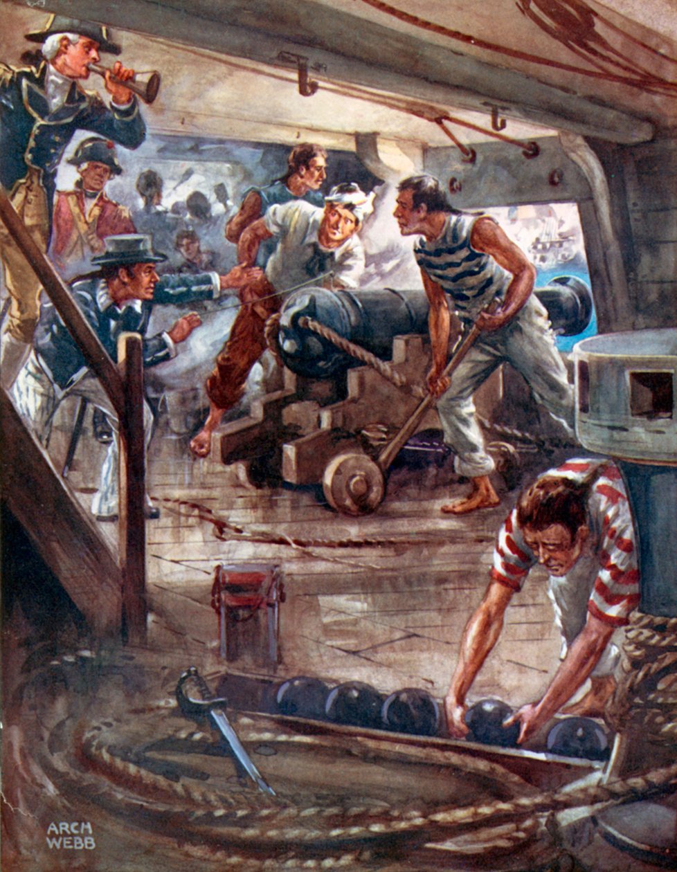 "Chaque canon, de ses lèvres adamantines, répand une ombre mortelle autour des navires" (lithographie couleur) - Archibald Bertram (after) Webb