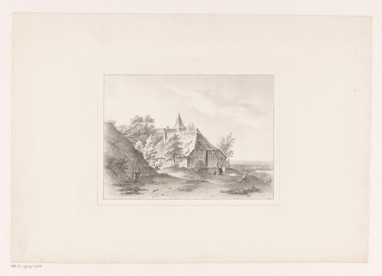 Bord de village avec une femme blanchissant le linge - Arie Ketting de Koningh (attributed to)