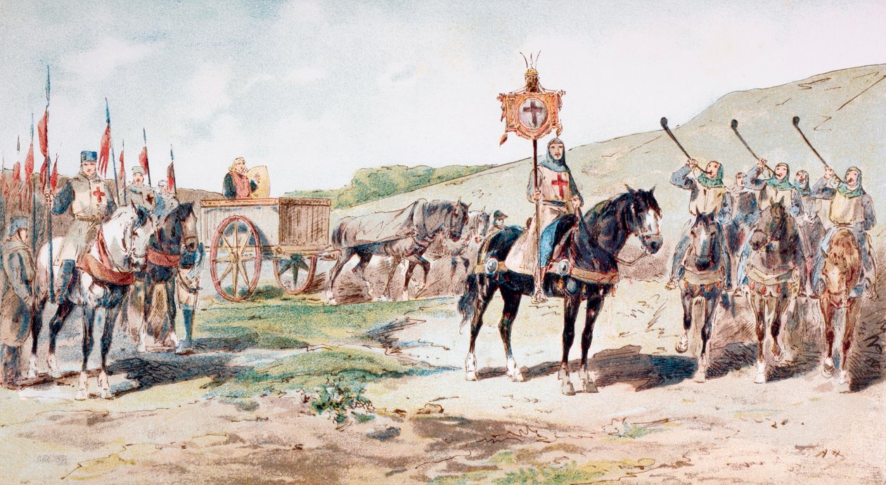Croisés en marche au XIe siècle avec un chariot de ravitaillement tiré par des chevaux, 1886 - Armand Jean Heins