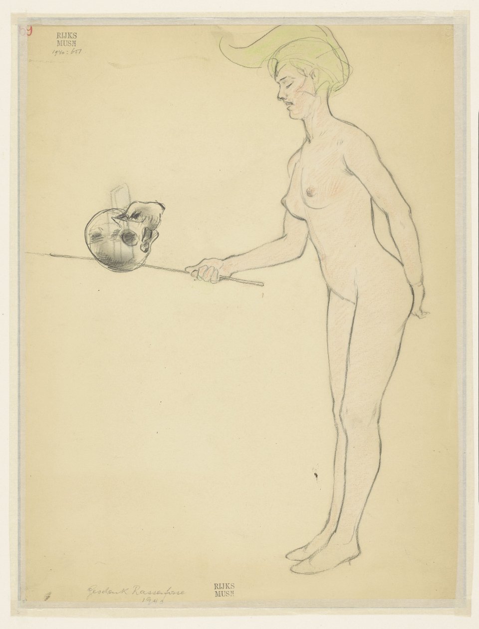 Femme nue debout avec un bâton et un crâne - Armand Rassenfosse