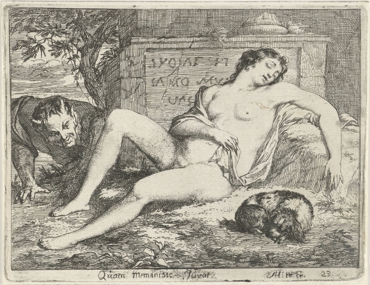 Nymphe endormie avec un chien espionnée par un satyre - Arnold Houbraken