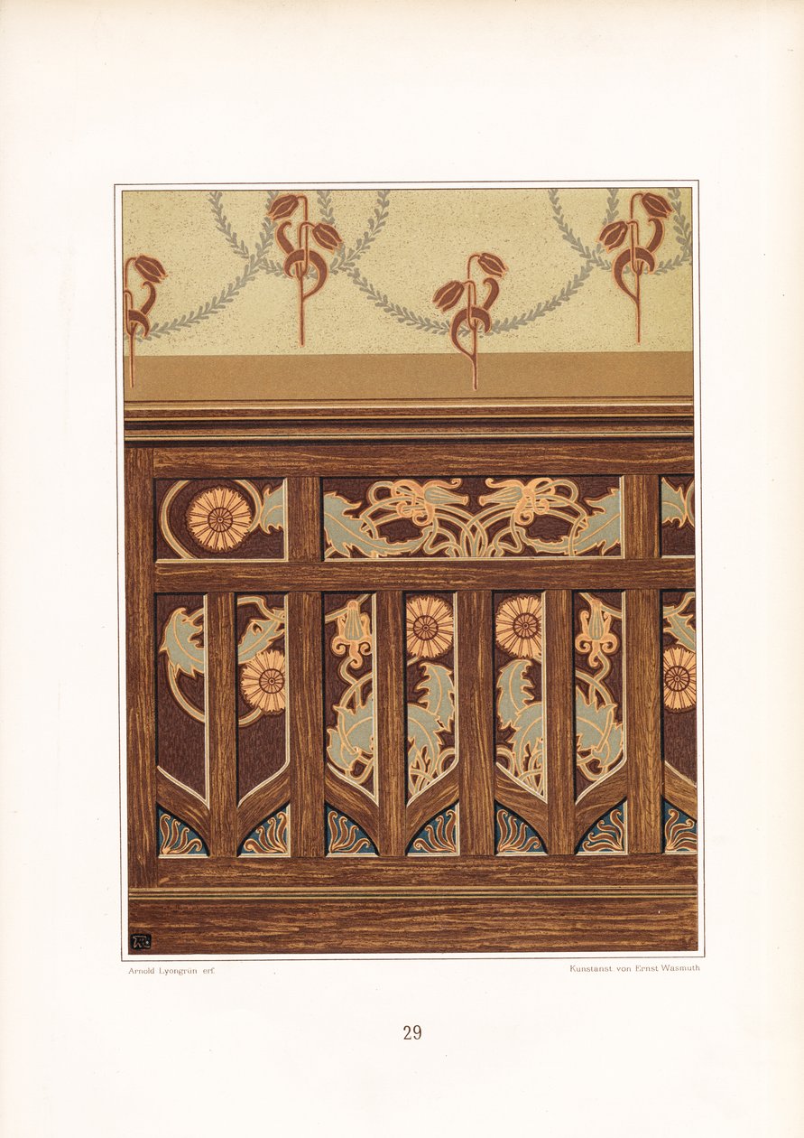 Panneau en bois Art Nouveau avec incrustations florales (litho) - Arnold Lyongrün