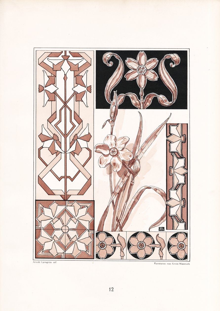 Motifs de narcisses et ornements géométriques dans des tons rosés (lithographie) - Arnold Lyongrün