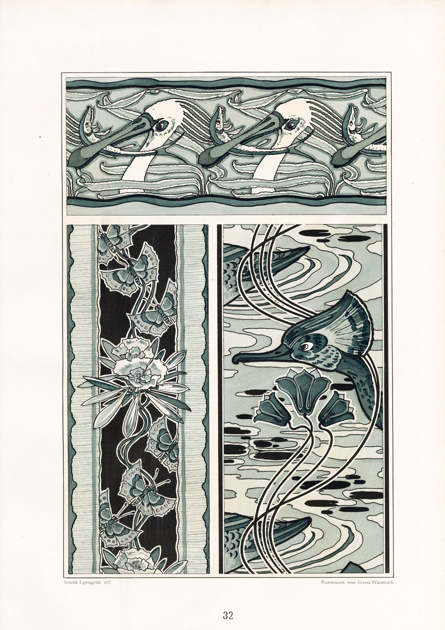 Compositions ornementales avec des motifs de cygnes et de papillons (litho) - Arnold Lyongrün