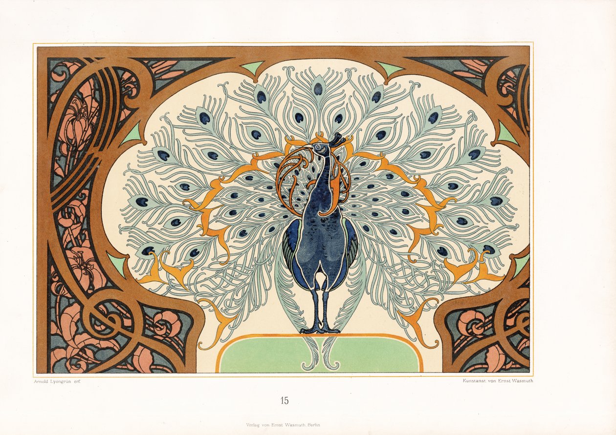 Paon dans un cadre ornemental avec décoration Art nouveau (litho) - Arnold Lyongrün