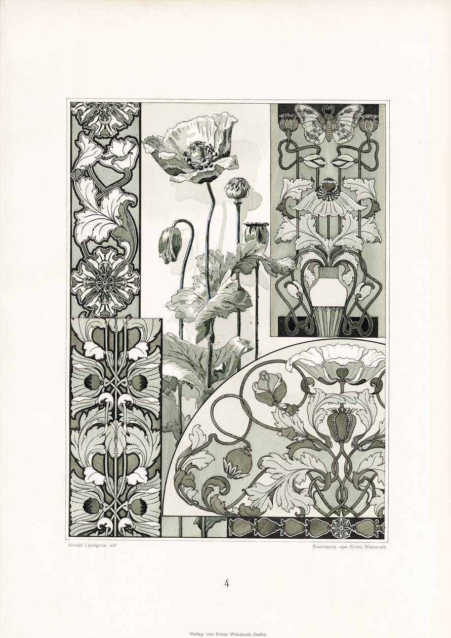 Ornements en fleurs de pavot en monochrome (litho) - Arnold Lyongrün