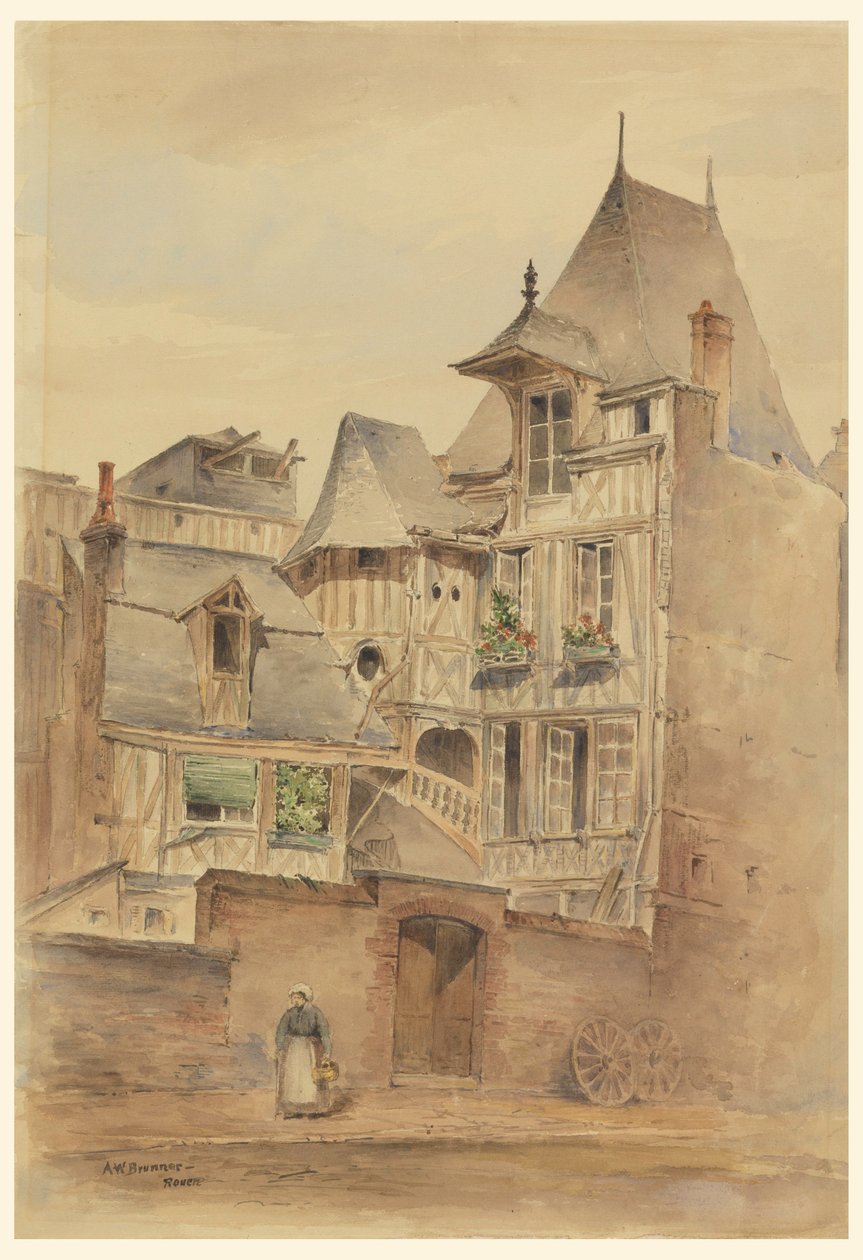 Dessin, scène de rue avec des maisons médiévales, vers 1885 - Arnold William Brunner