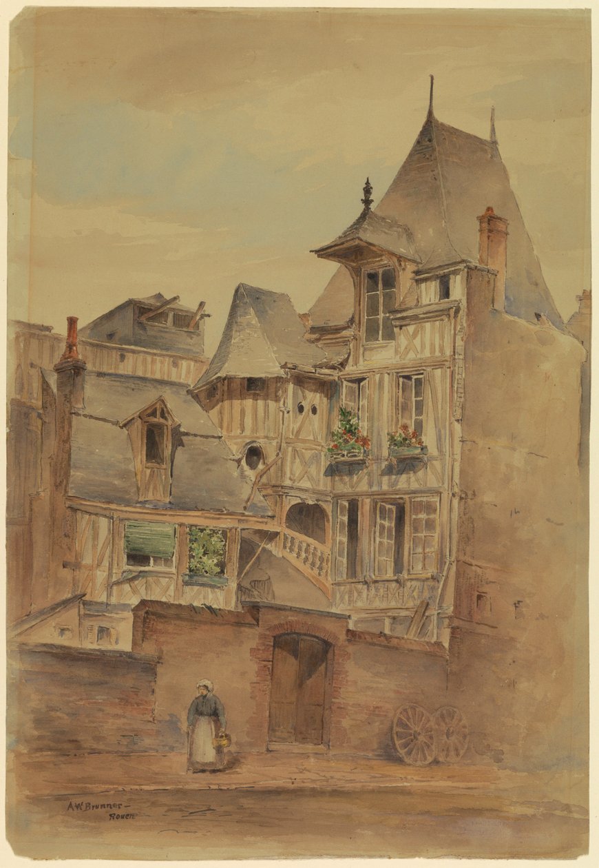 Dessin, scène de rue avec des maisons médiévales, vers 1885 - Arnold William Brunner