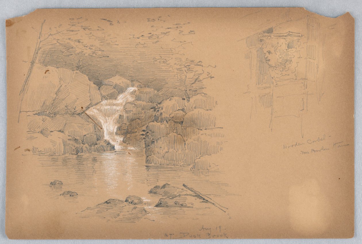 Deux esquisses, corbeau et cascade - Arnold William Brunner