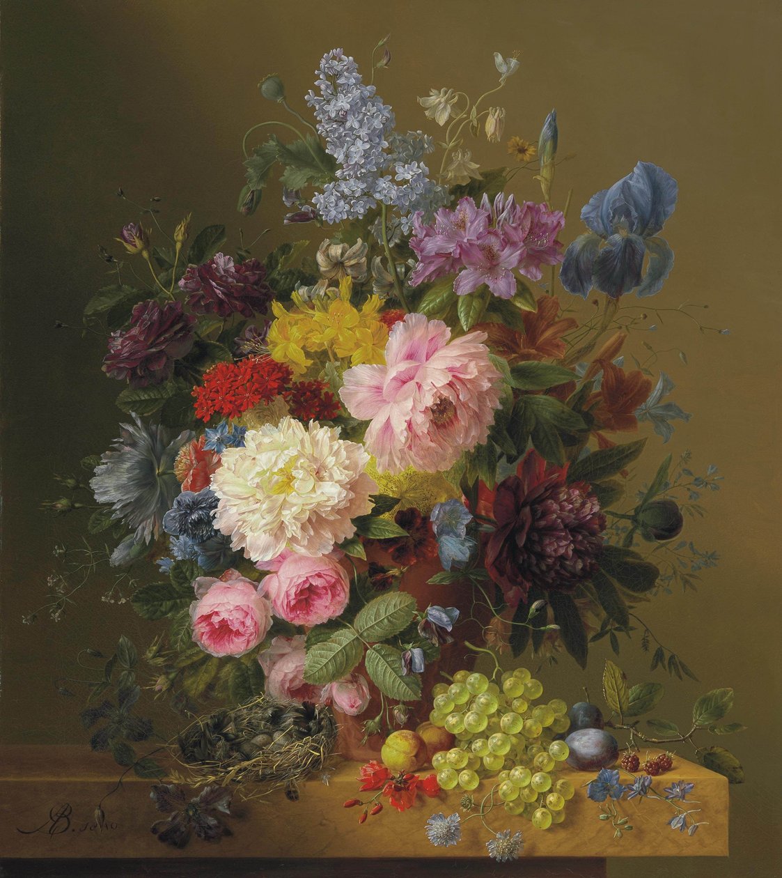 Lilas, pivoines, tulipes, roses, iris et autres fleurs avec des fruits et un nid d