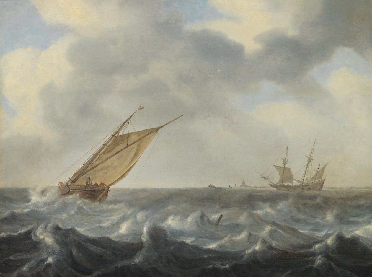 Un cotre de pêche et un deux-mâts dans une mer agitée près d