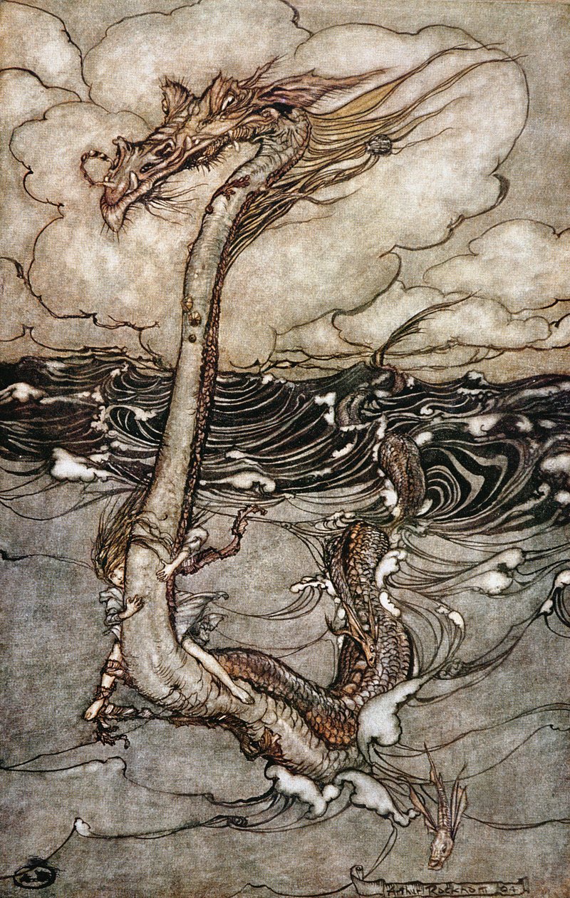 Une jeune fille chevauchant un serpent de mer, 1904 - Arthur Rackham