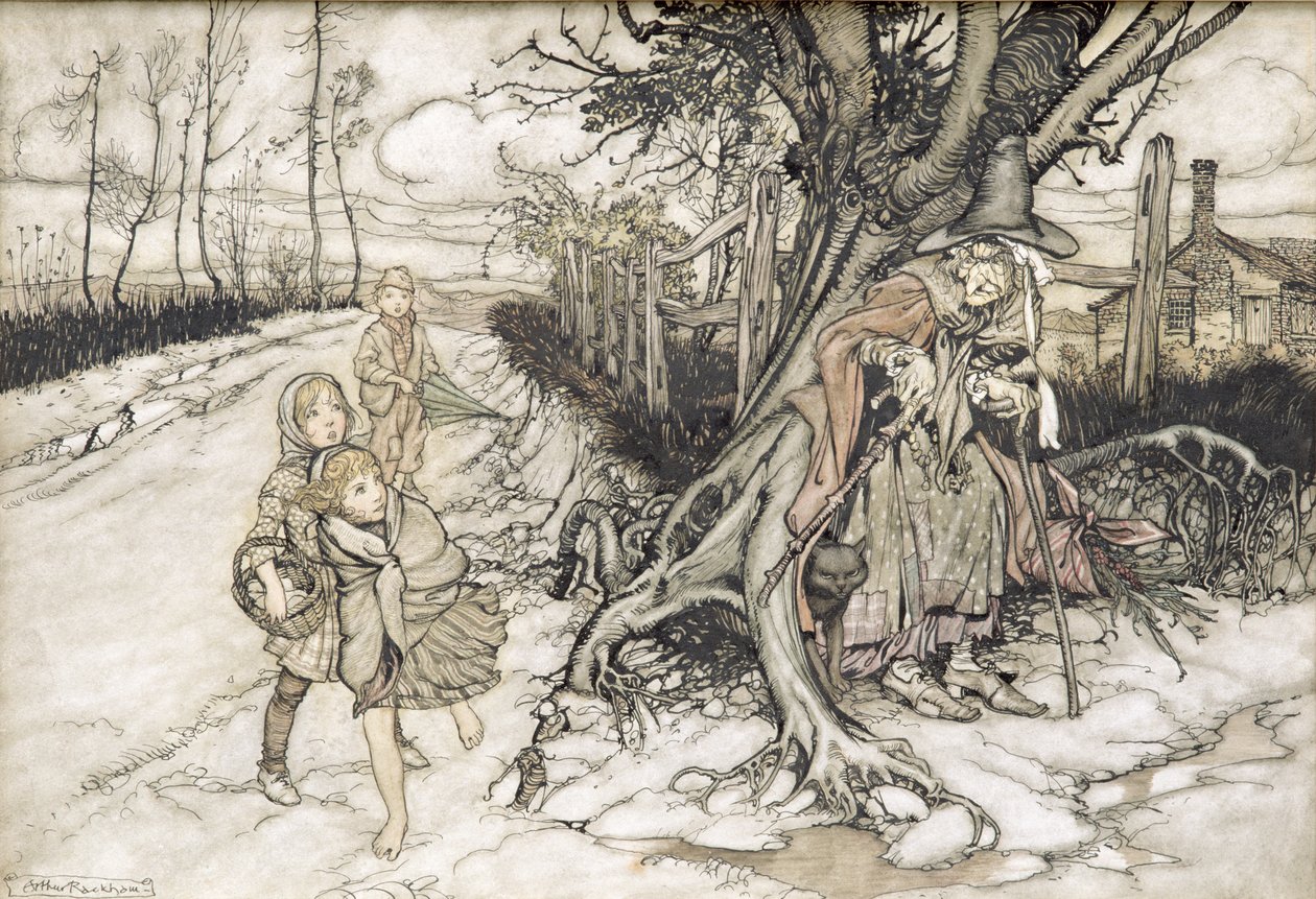 Enfants effrayés par une sorcière - Arthur Rackham