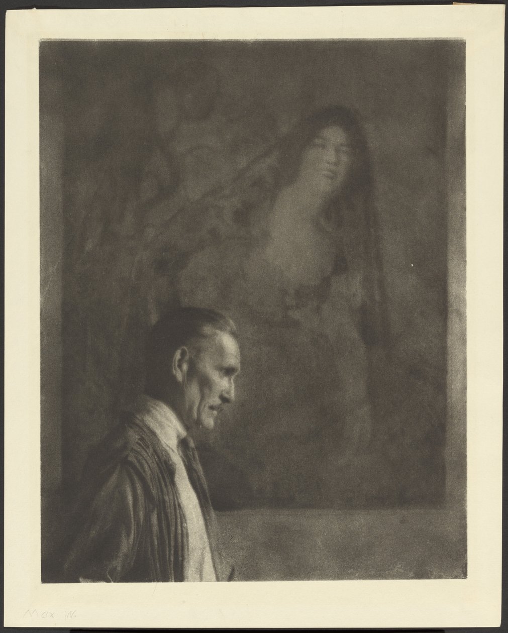 [Homme à la petite moustache soignée, de profil, posé devant un tableau représentant une femme habillée en costume espagnol]. - Arthur F. Kales