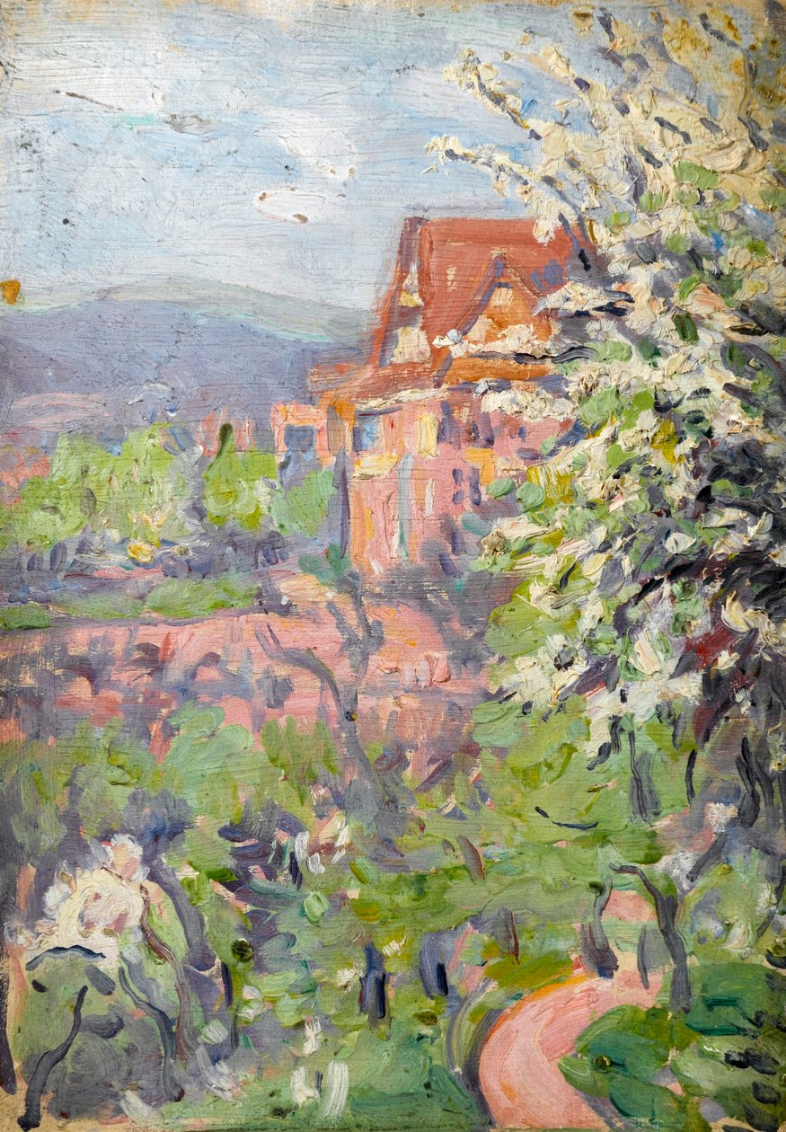 Maison avec arbre en fleur au premier plan | Estampe d'art