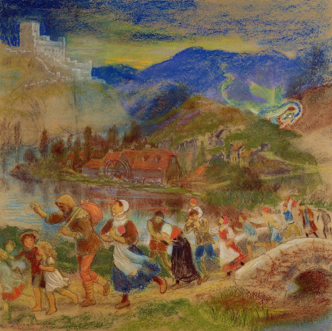 Villageois fuyant un dragon - Arthur Hughes