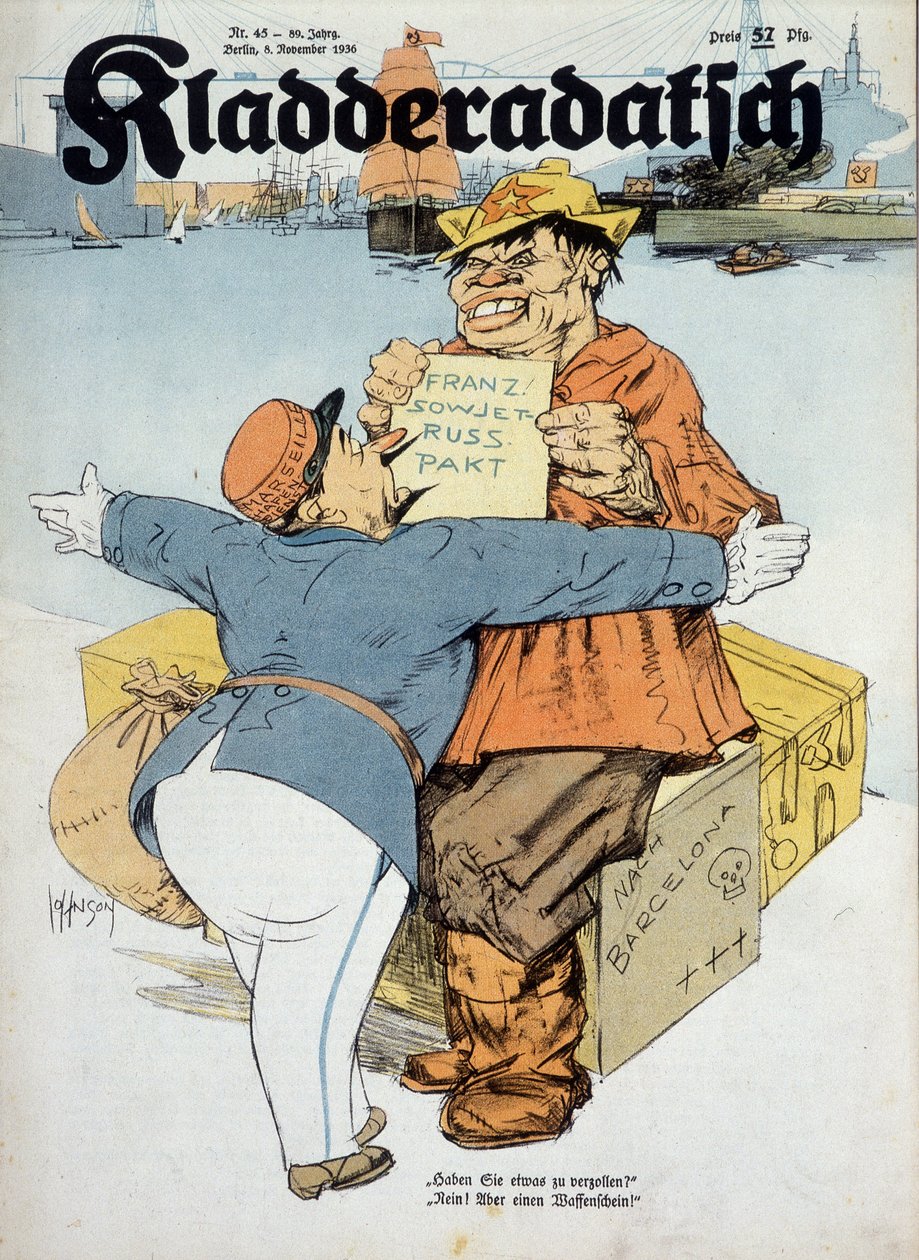 Caricature allemande sur les accords franco-soviétiques (douanier français et marin russe :" Avez-vous quelque chose à déclarer  Non ! Juste des armes !" (contexte de la guerre d