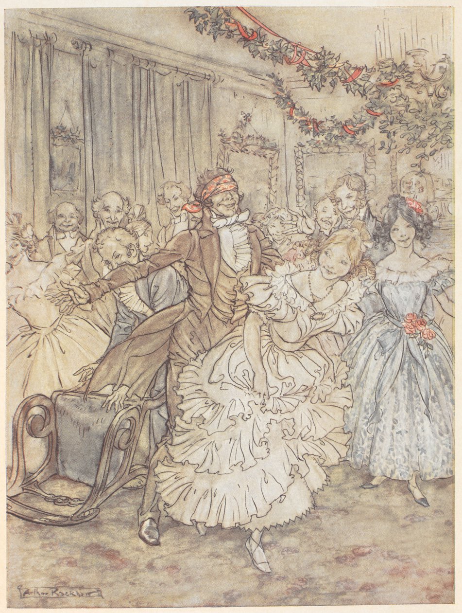 Une fête jouant à colin-maillard. Un homme portant un bandeau poursuit une femme en robe à volants - Arthur Rackham