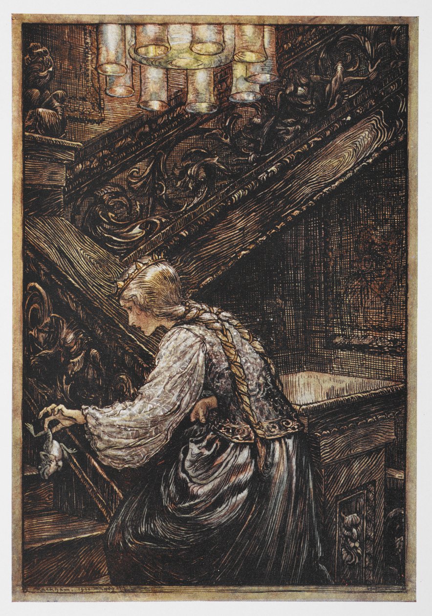 Une princesse portant une grenouille de Le Prince Grenouille - Arthur Rackham