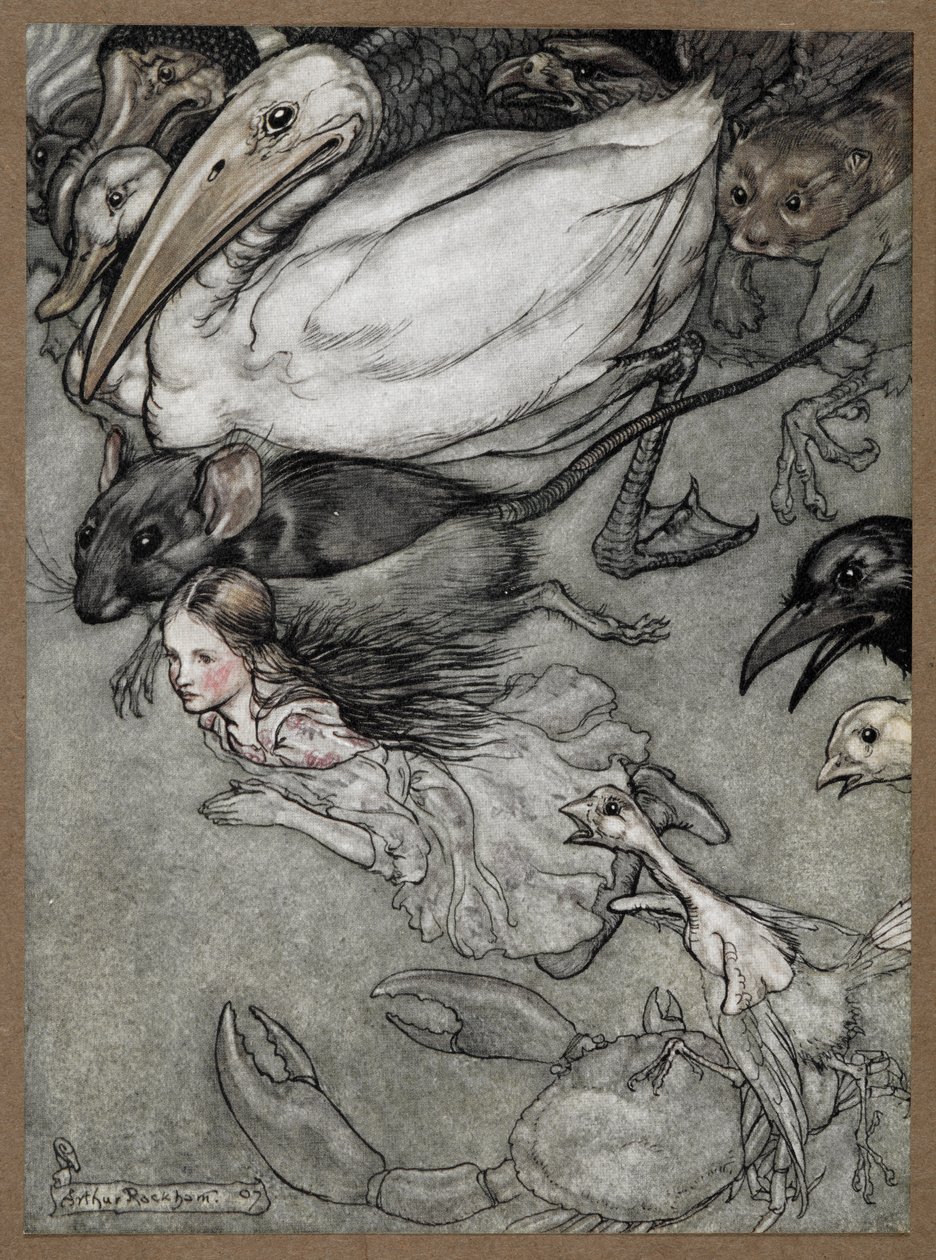 Alice et divers animaux nageant, y compris un rat, un canard, un dodo, une corneille, une belette, un crabe et un poussin. - Arthur Rackham