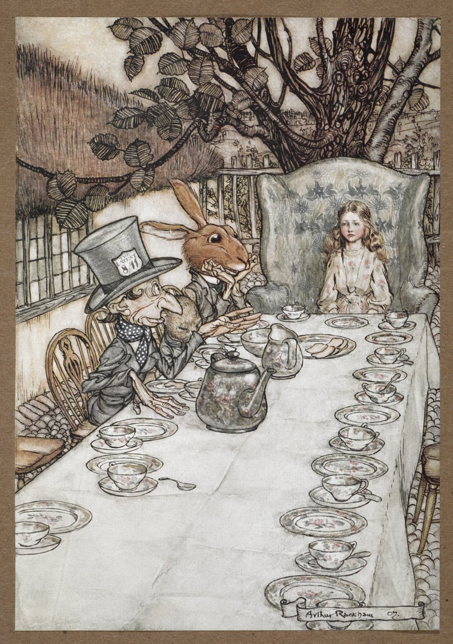 Alice à la fête du thé du Chapelier fou avec le Lièvre de Mars, le Loir et le Chapelier fou - Arthur Rackham