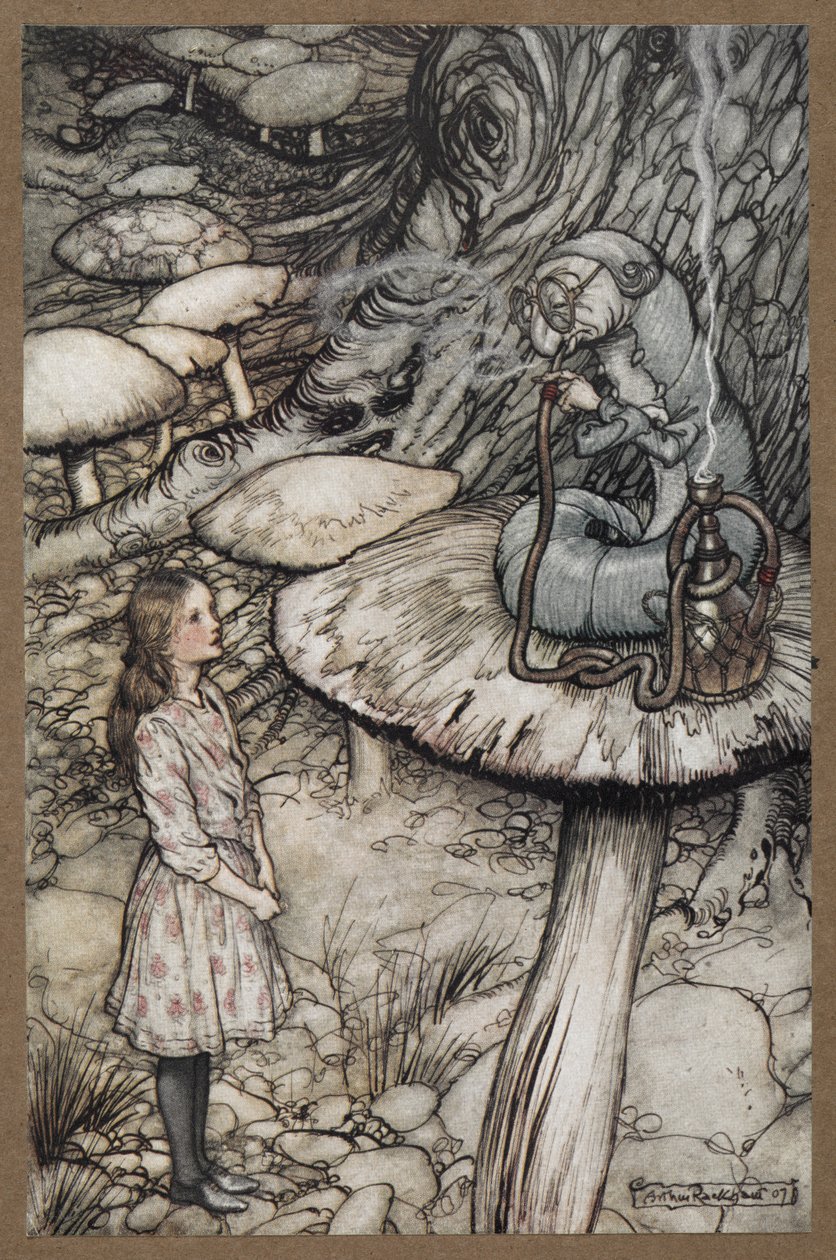 Alice parlant à la Chenille assise sur un champignon fumant une pipe - Arthur Rackham