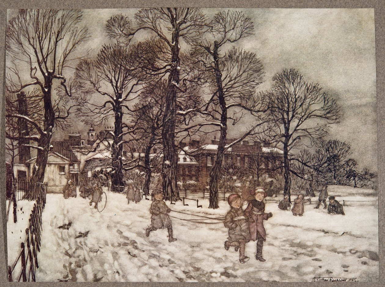 Un après-midi où les jardins étaient blancs de neige, de Peter Pan dans les jardins de Kensington par J M Barrie, pub. 1906 - Arthur Rackham